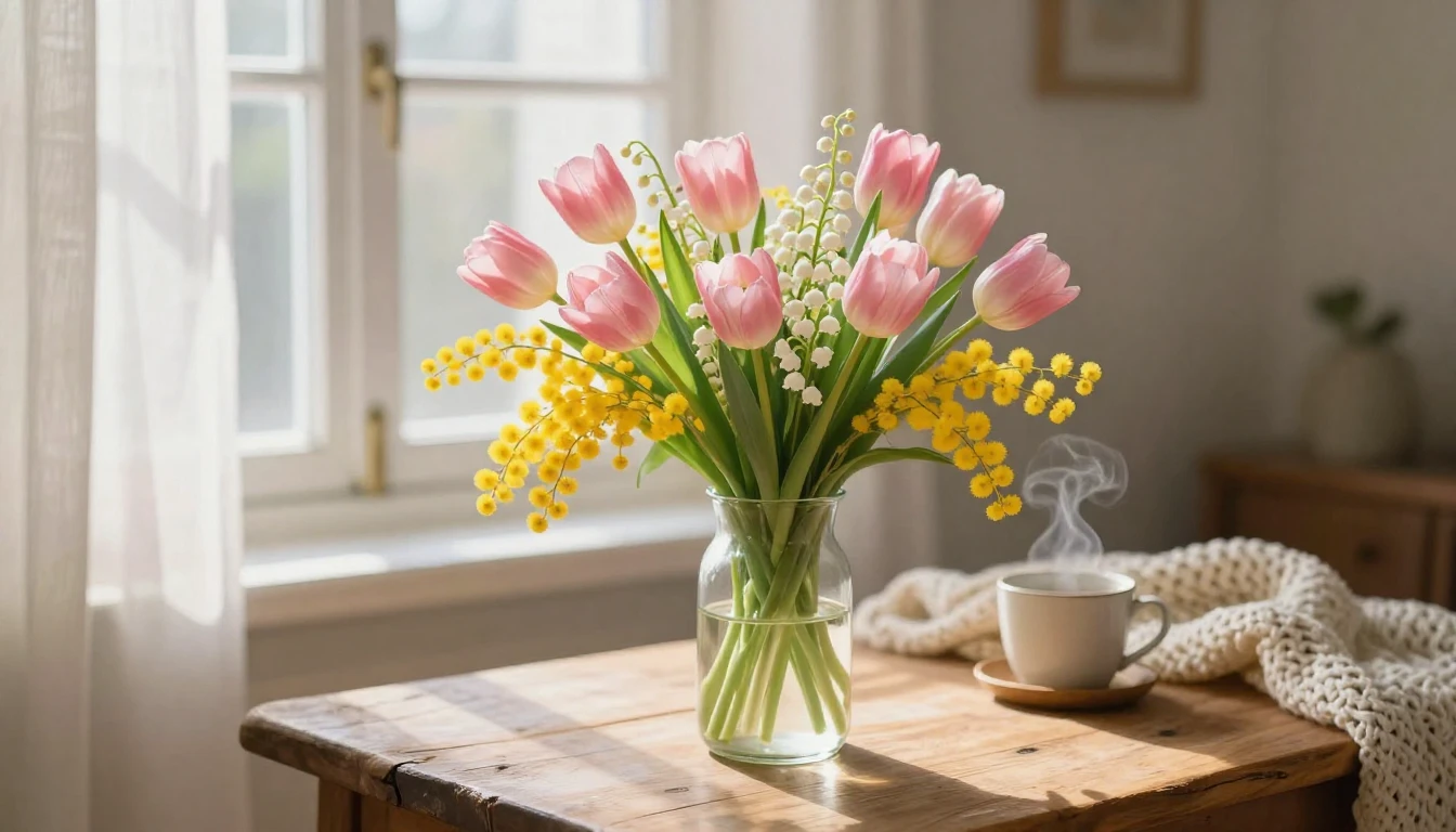 A beautiful and delicate bouquet of fresh spring flowers fea...