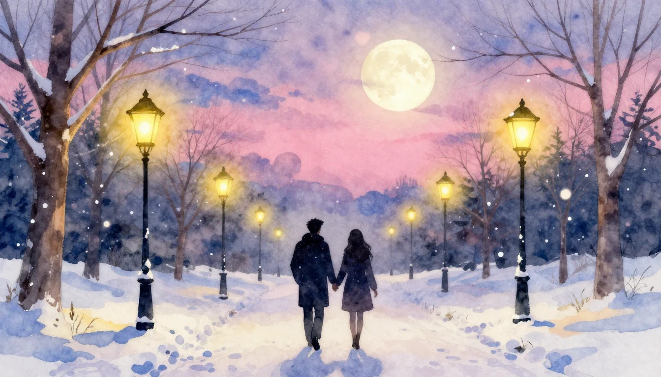 A romantic, soft watercolor painting depicting two silhouett...