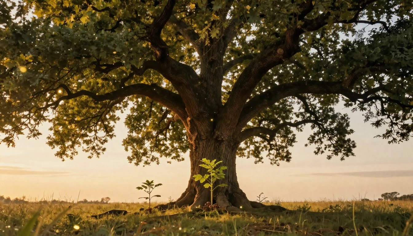 A majestic, ancient oak tree with spreading branches shelter...