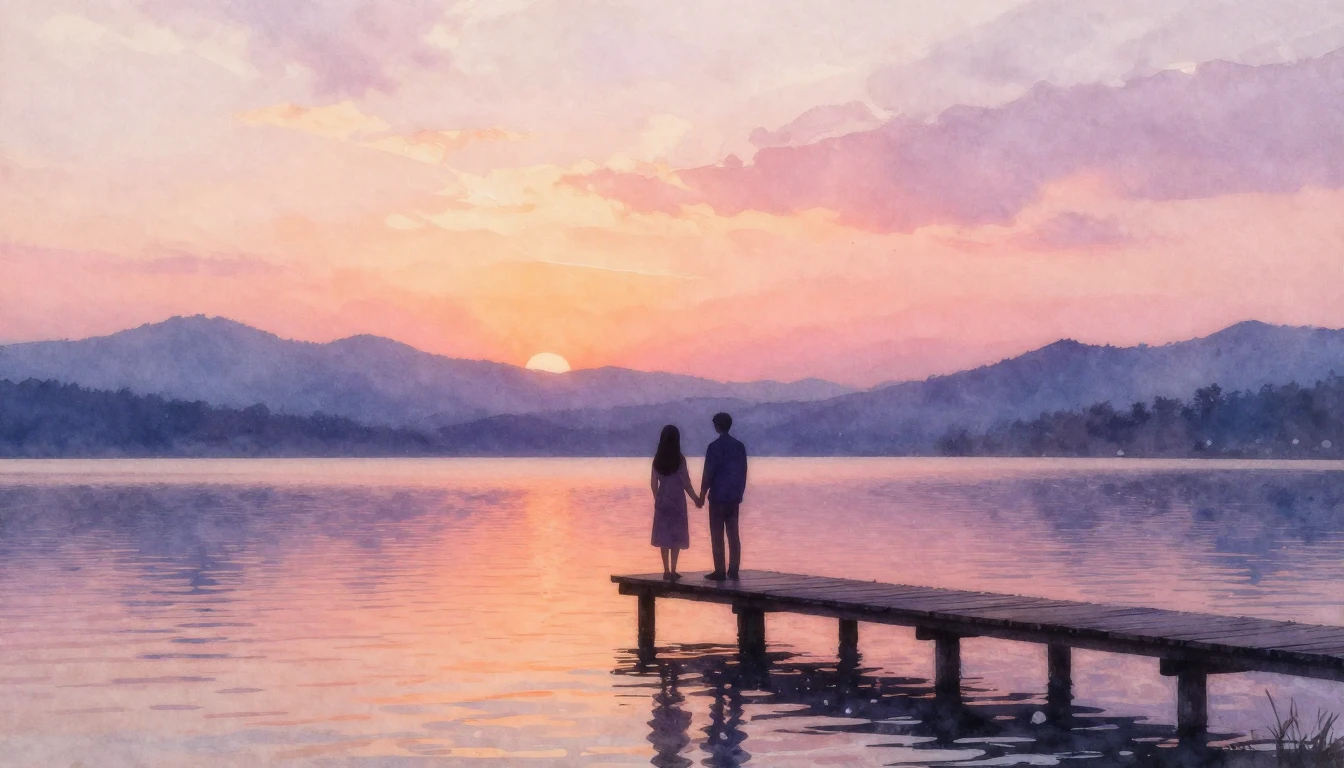 A soft and dreamy watercolor painting of two silhouetted fig...