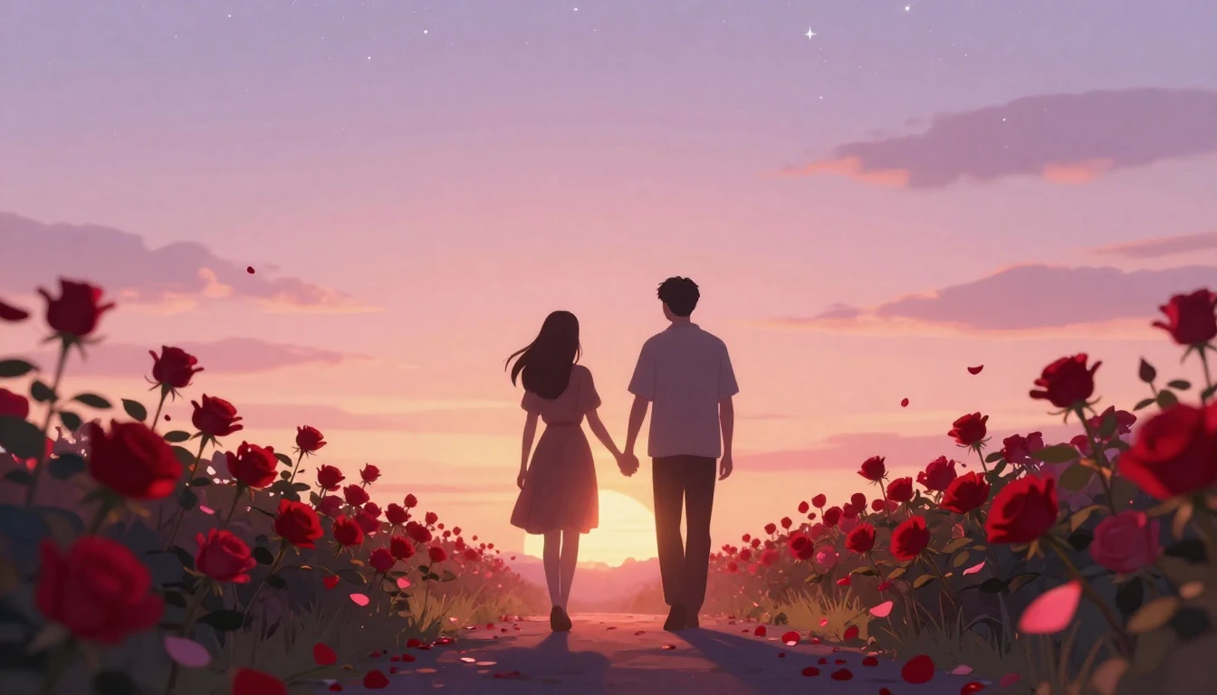 A dreamy and romantic scene featuring two silhouetted figure...