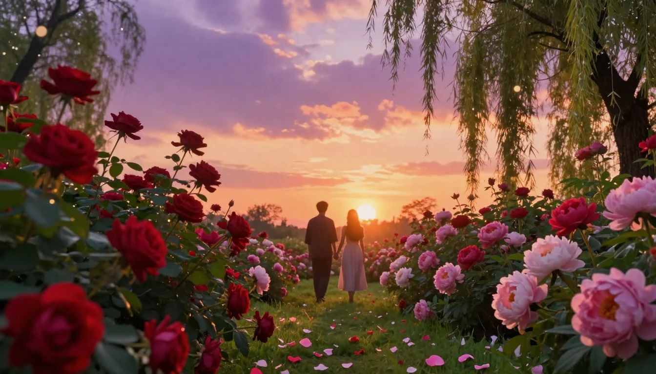 A romantic and serene scene at sunset in a lush, enchanted g...