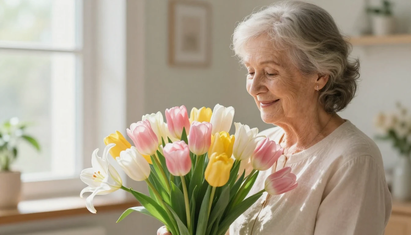 A heartwarming scene of an elderly woman with a kind, smilin...