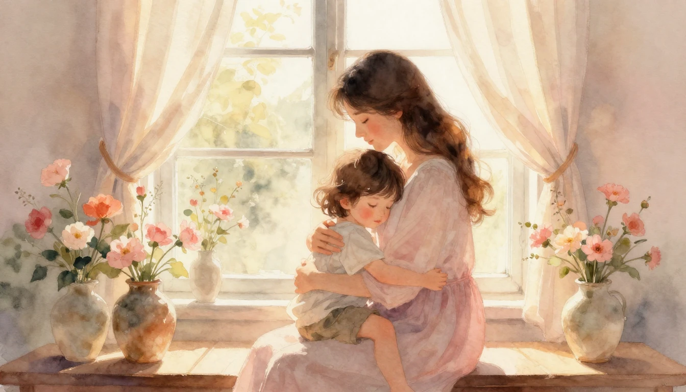 A warm and cozy indoor scene in a soft watercolor style. A m...