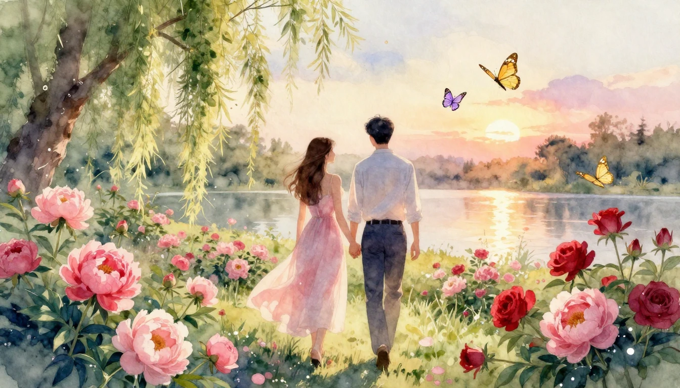 A dreamy and romantic watercolor painting of a couple walkin...