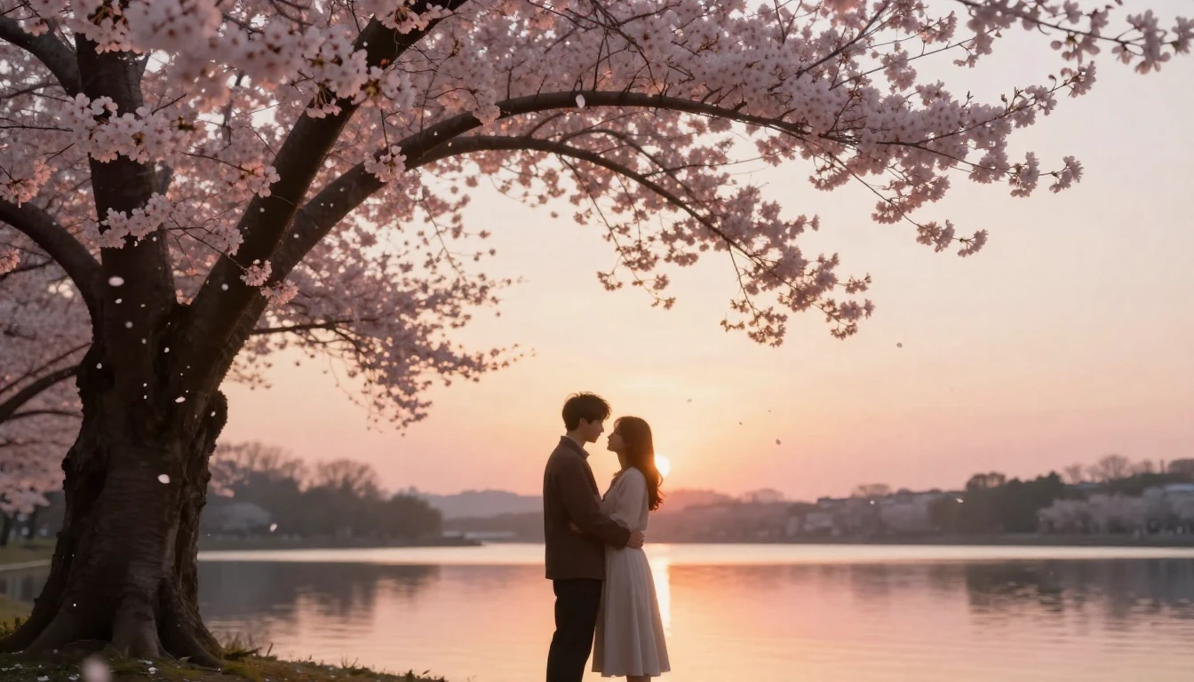 A romantic and ethereal scene of two lovers standing togethe...