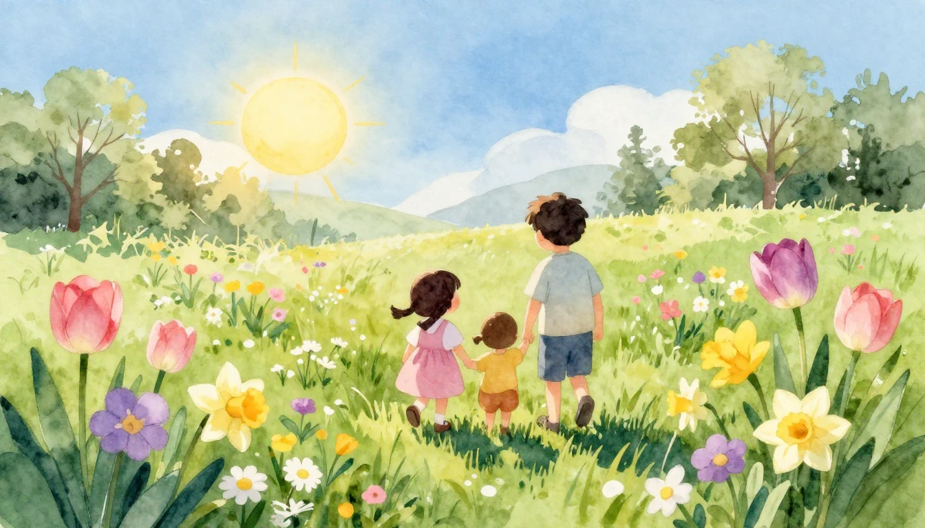 A vibrant and cheerful watercolor painting depicting a lush ...