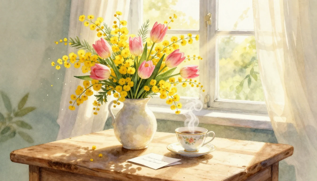 A soft and gentle watercolor painting depicting a cozy morni...