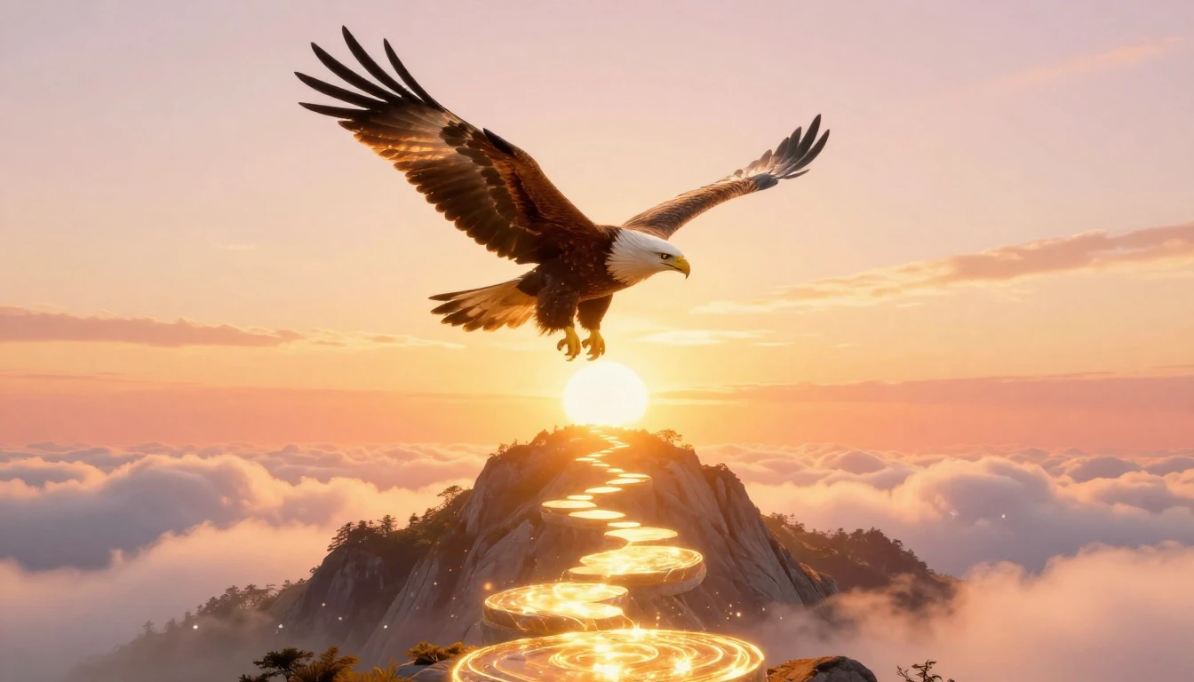 A majestic soaring eagle flying above a glowing mountain pea...