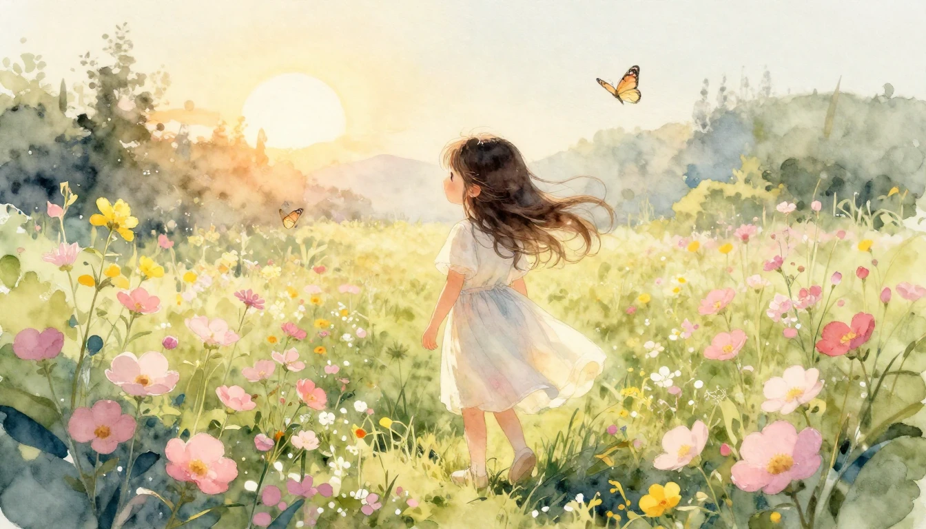 A beautiful watercolor illustration of a young girl with flo...