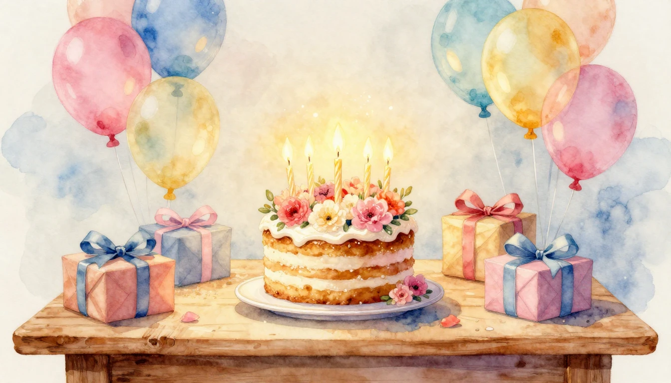 A beautiful and festive watercolor painting depicting a birt...