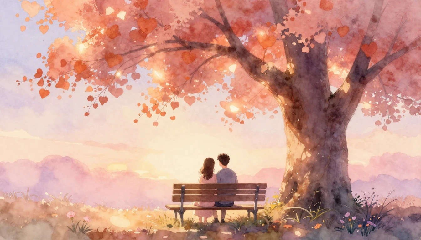A soft and dreamy watercolor painting depicting a couple sit...