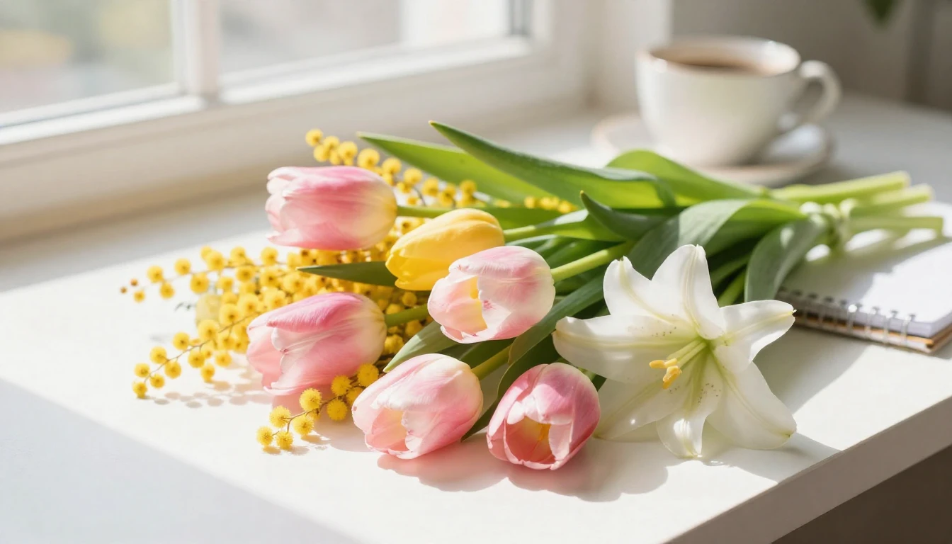 A delicate and vibrant spring scene featuring a bouquet of f...