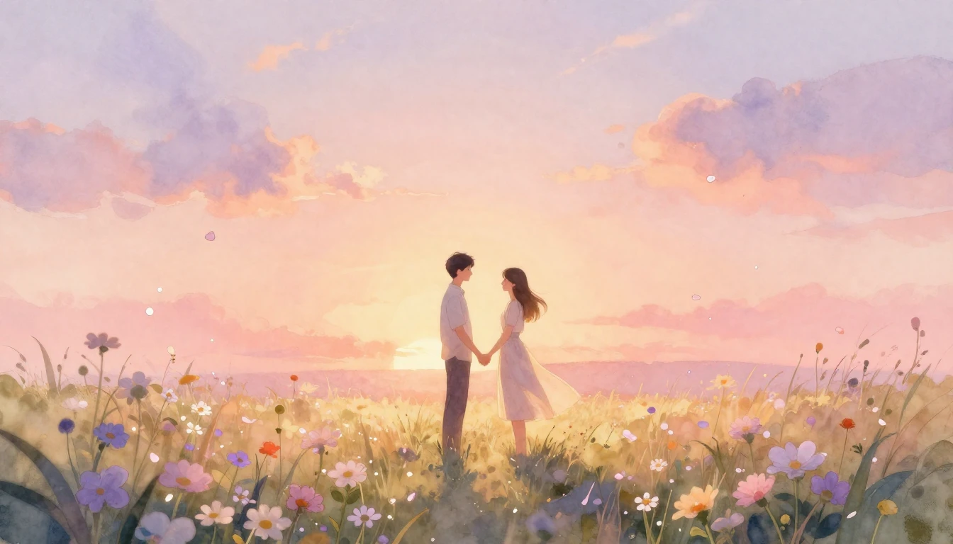 A romantic and ethereal watercolor painting depicting a coup...