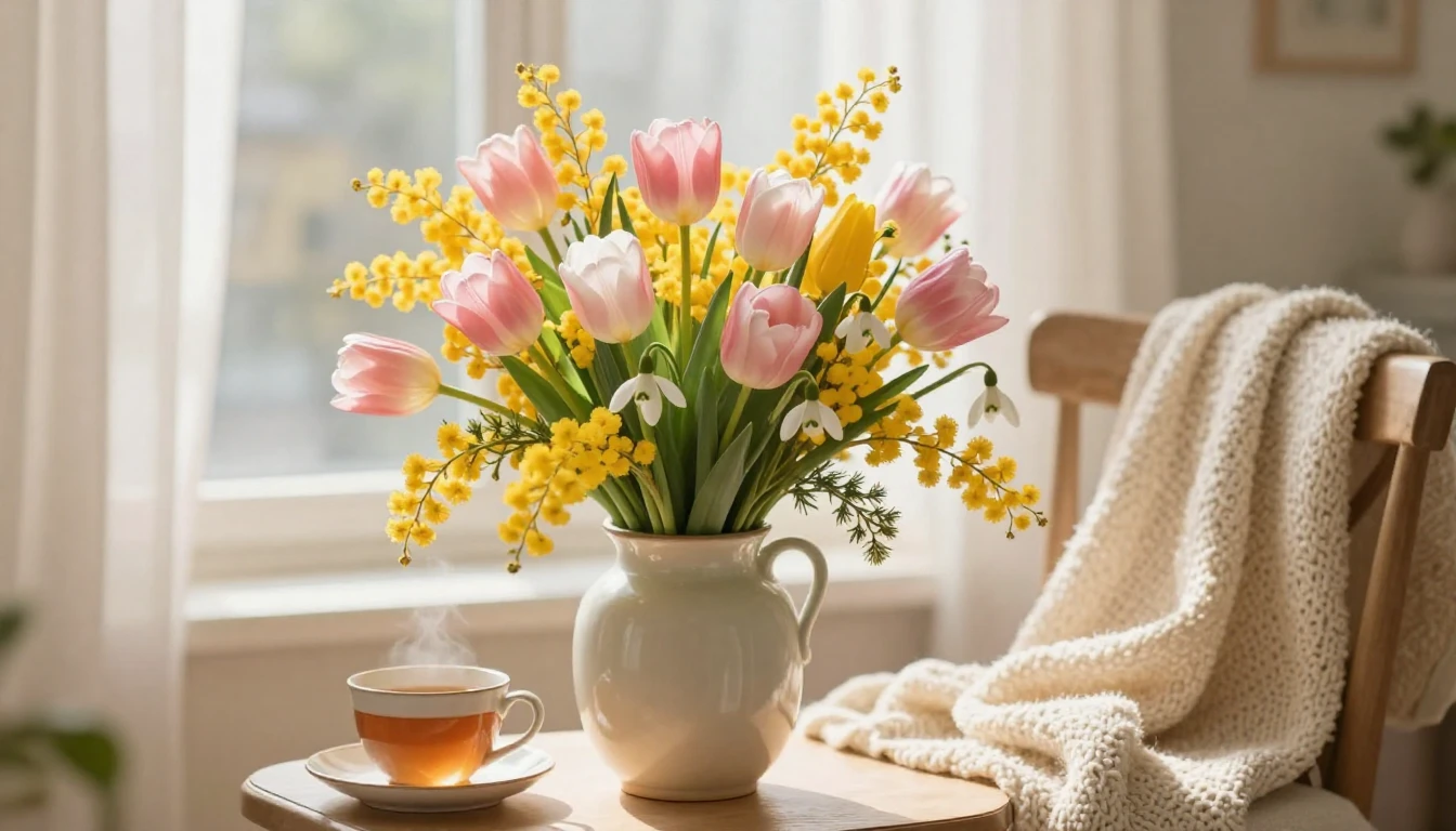 A beautiful, warm scene featuring a large bouquet of spring ...