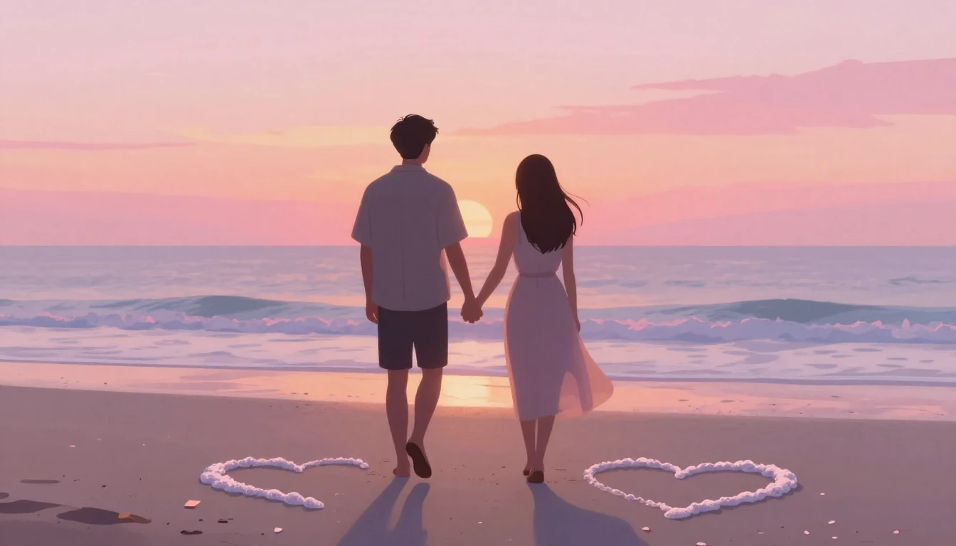 A warm and romantic illustration depicting two silhouette fi...