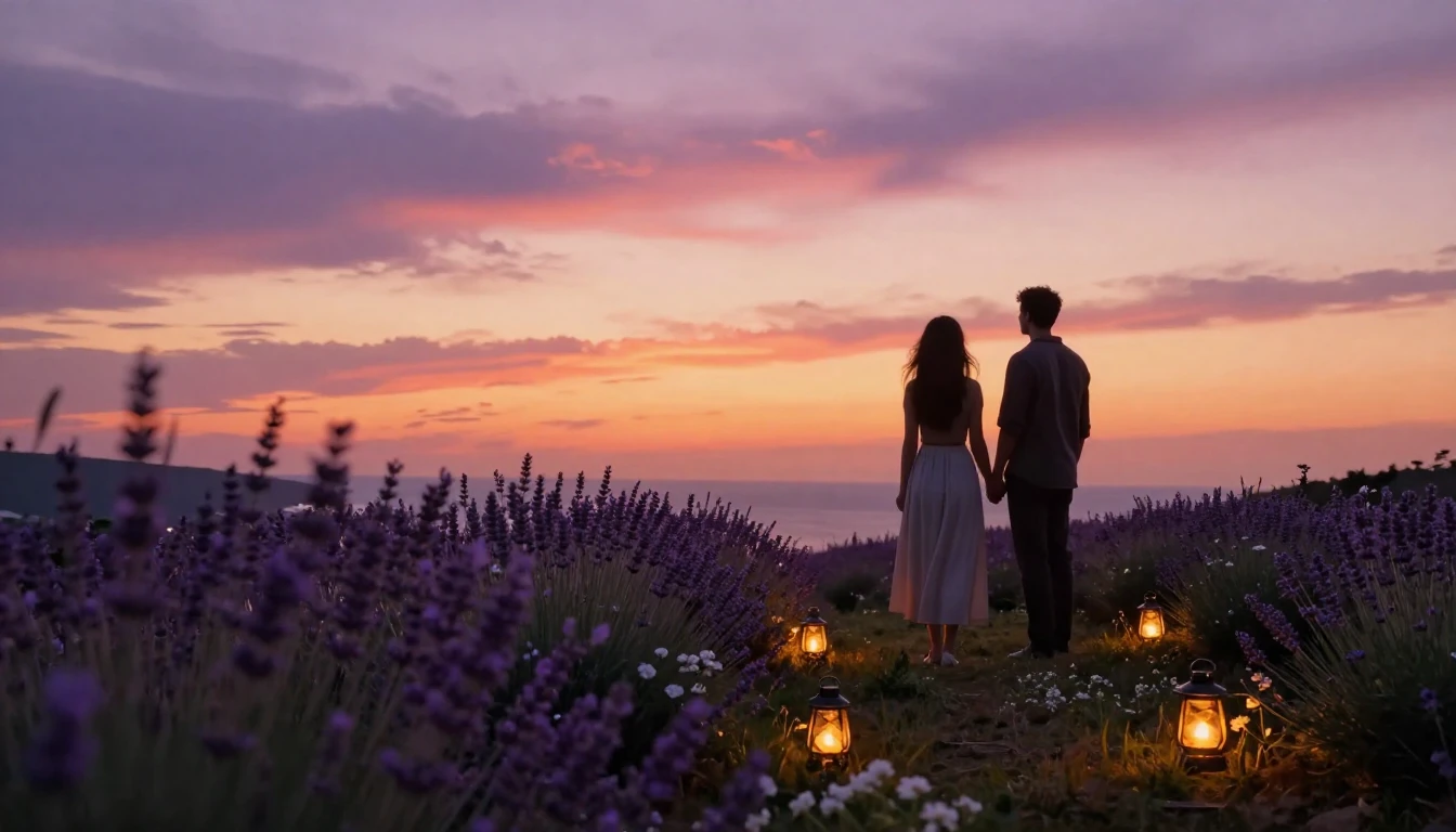 A breathtakingly romantic scene featuring two silhouettes of...
