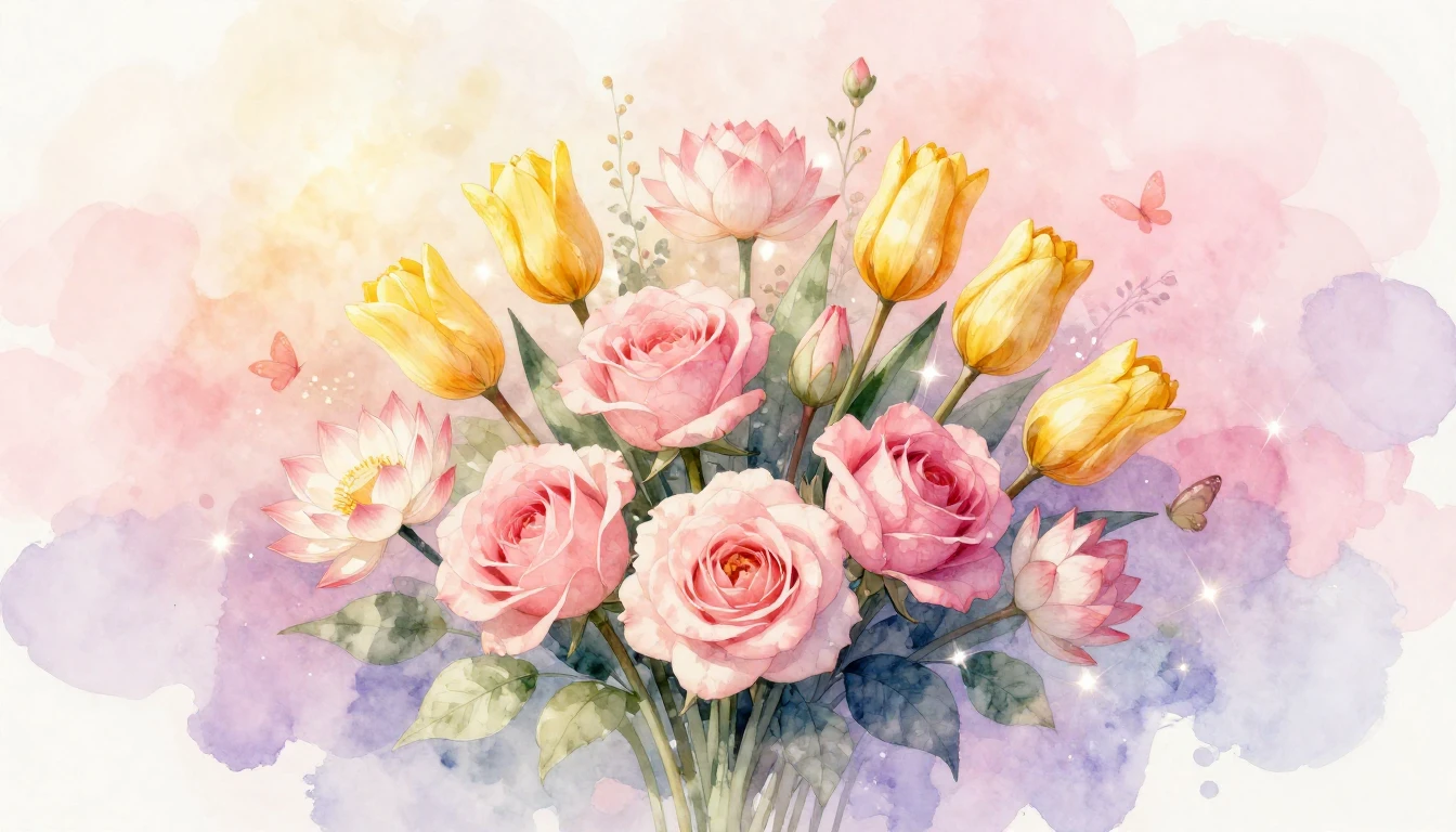 A beautiful, soft watercolor painting depicting a bouquet of...
