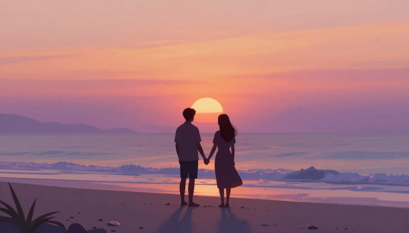 A romantic and serene landscape illustration showing two sil...