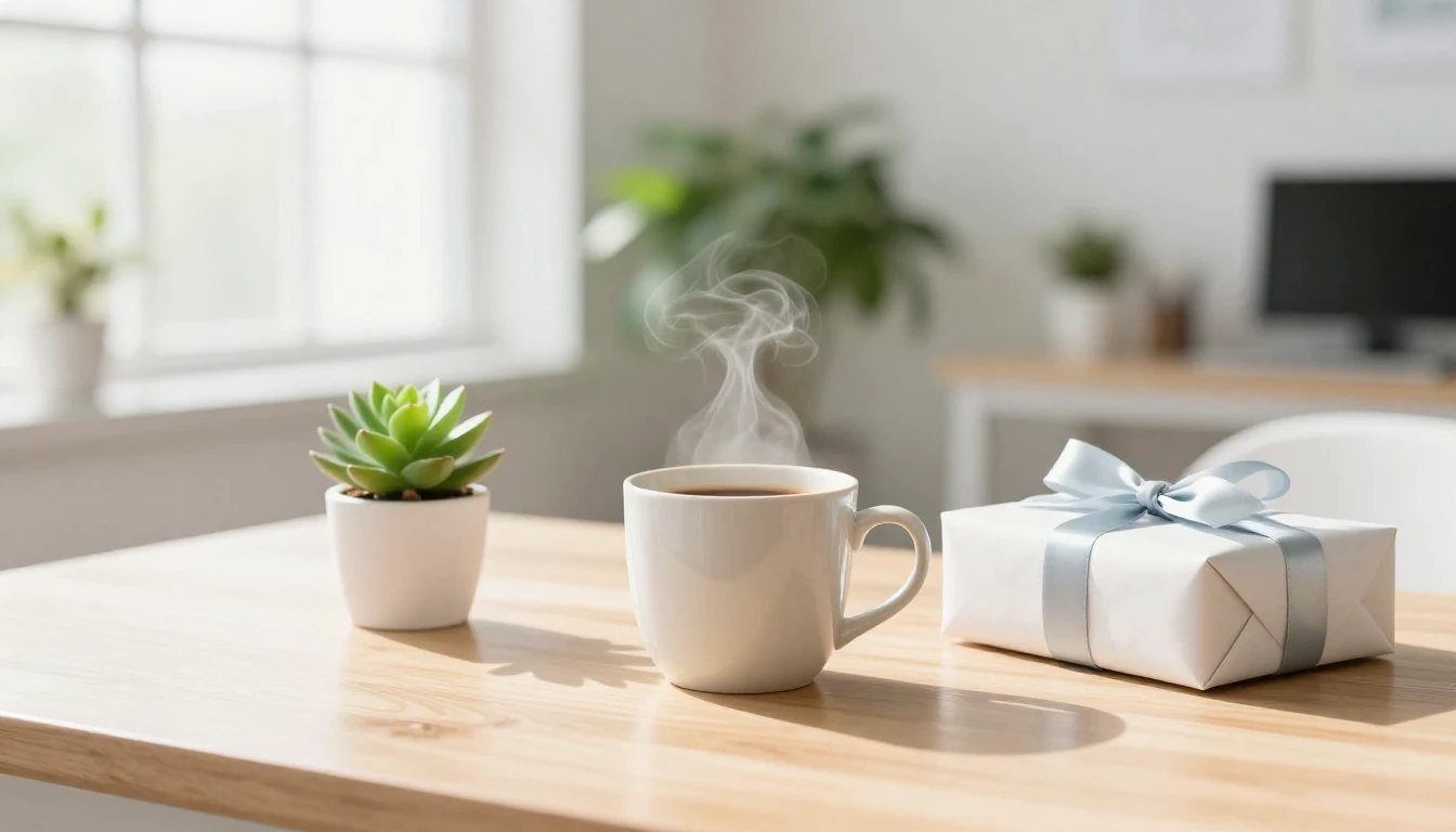 A clean and elegant workspace setting bathed in soft, warm m...