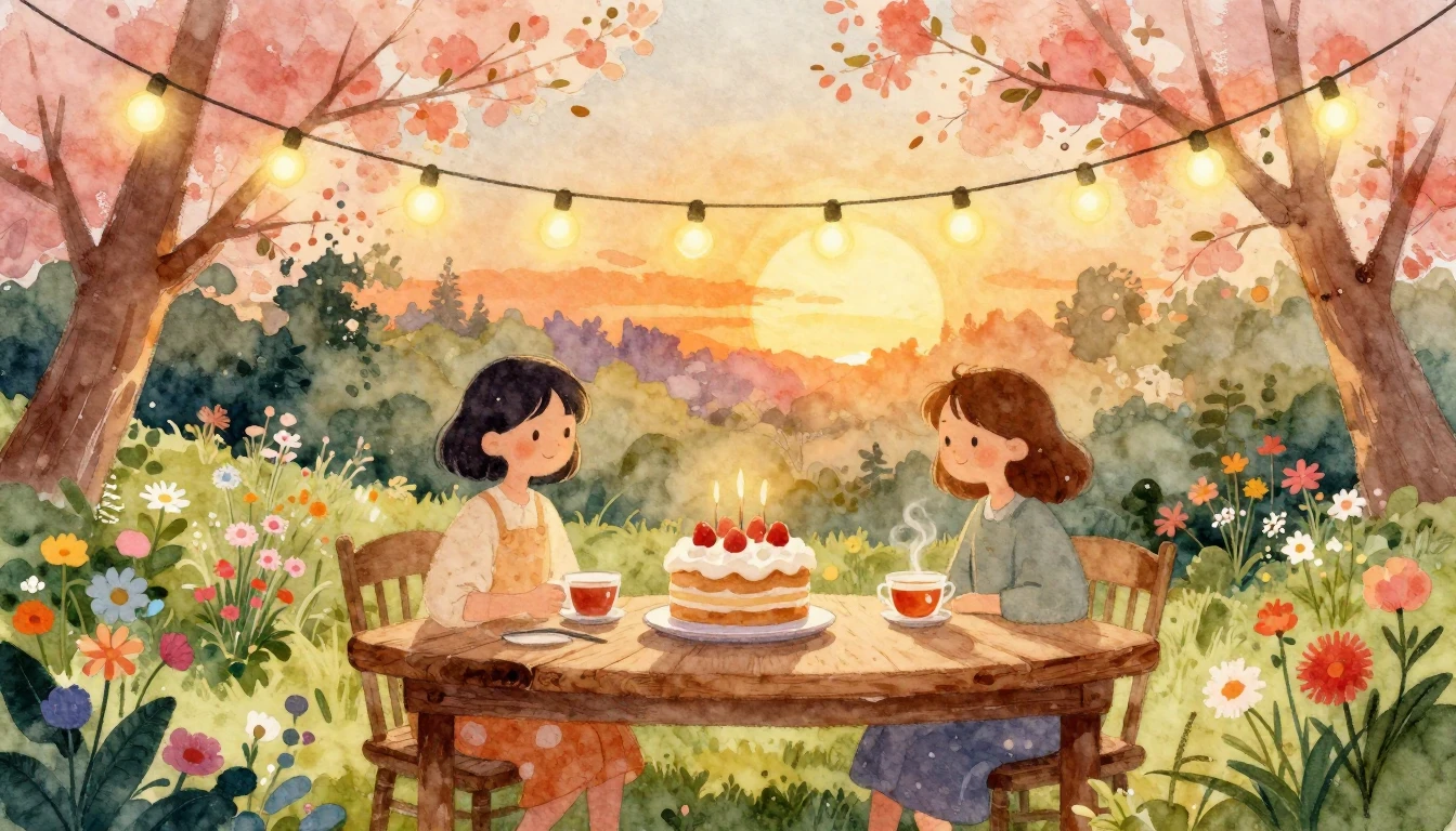 A vibrant and warm watercolor illustration of a cozy birthda...