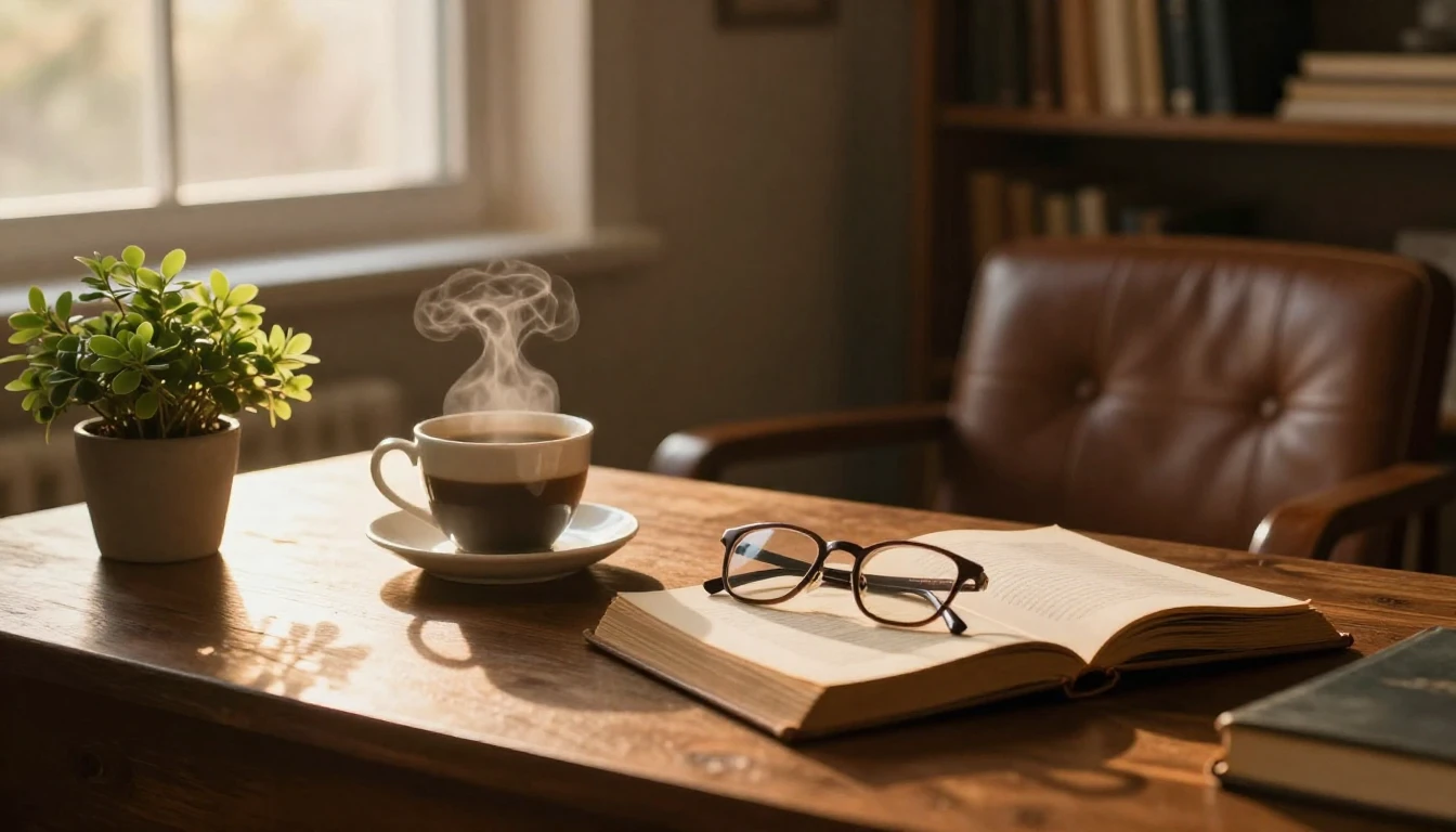 A warm and cozy indoor scene featuring a wooden desk bathed ...