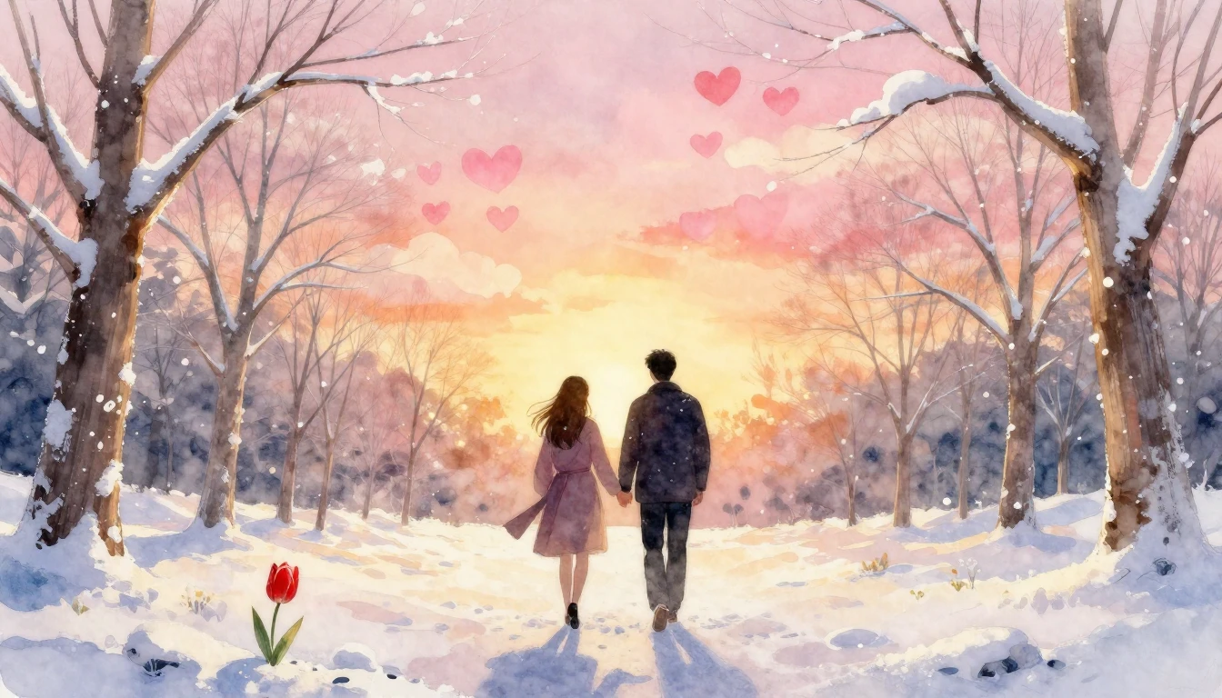 A soft and romantic watercolor painting depicting two silhou...