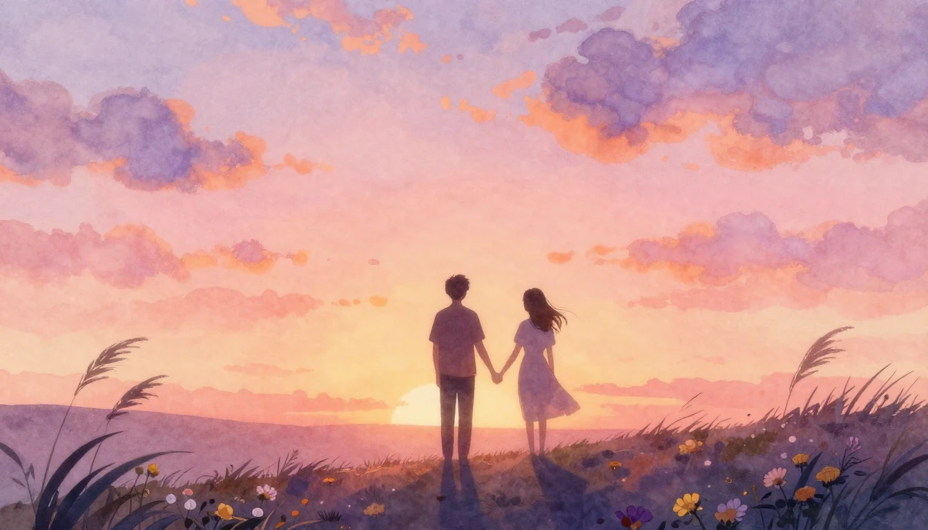 A romantic and dreamy watercolor illustration showing two si...