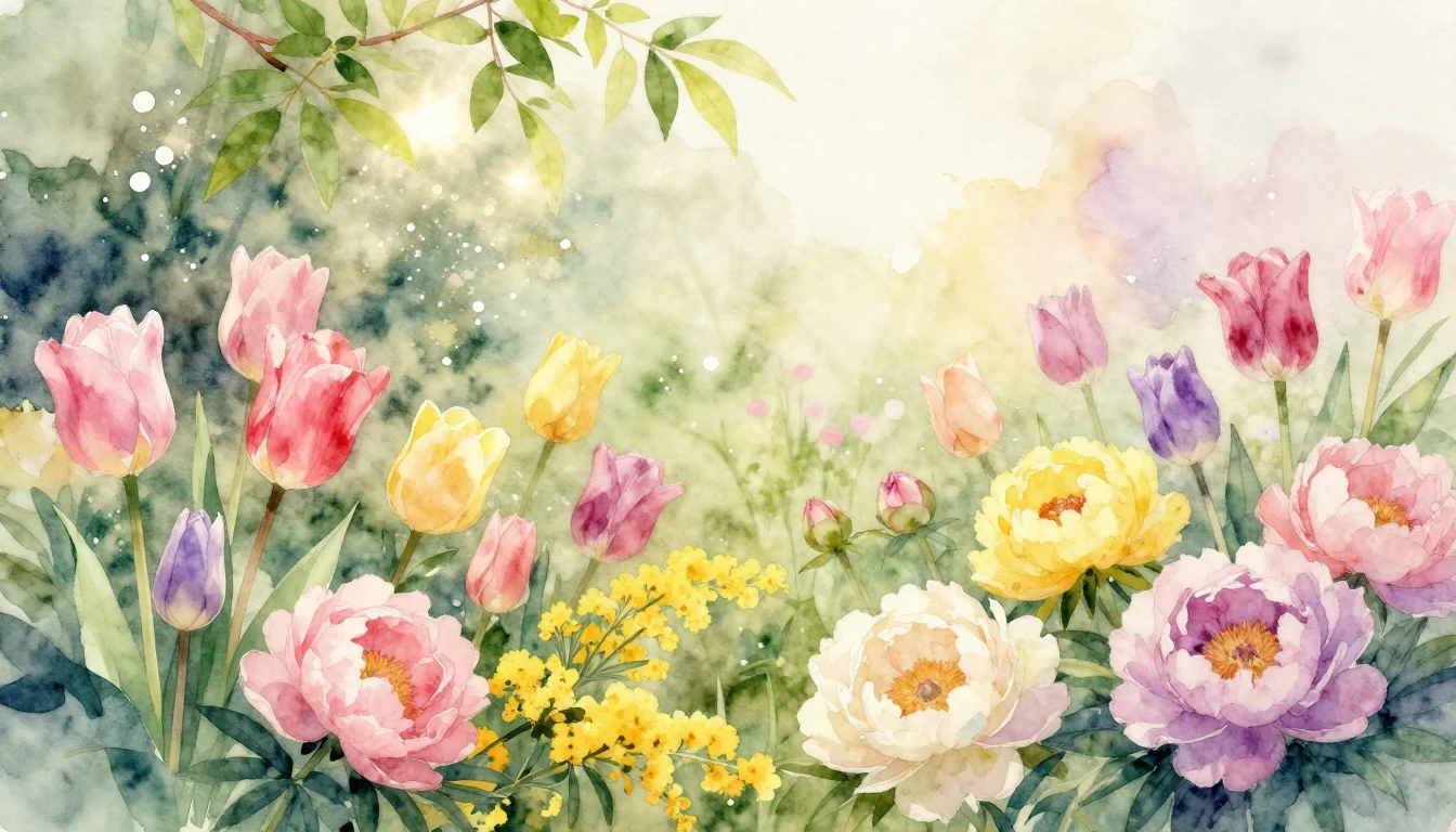 A delicate and vibrant watercolor painting of a lush spring ...