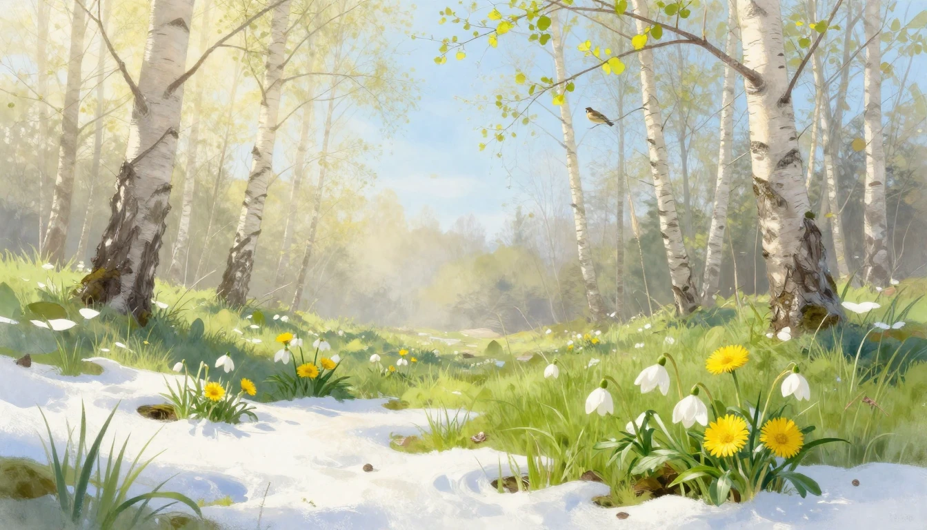 A delicate and airy scene depicting the arrival of spring in...