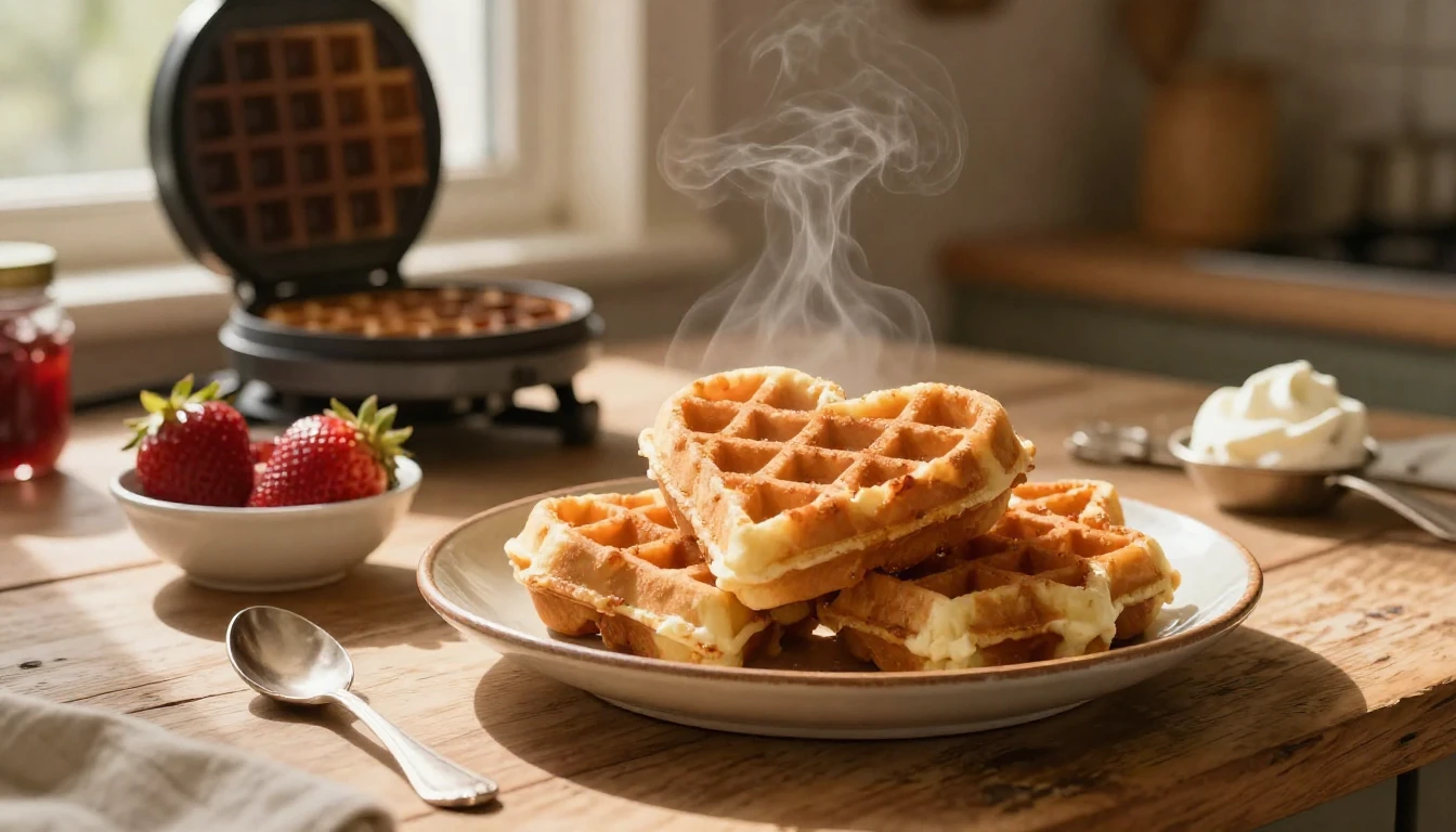 A cozy, sunlit kitchen scene featuring a plate of golden-bro...