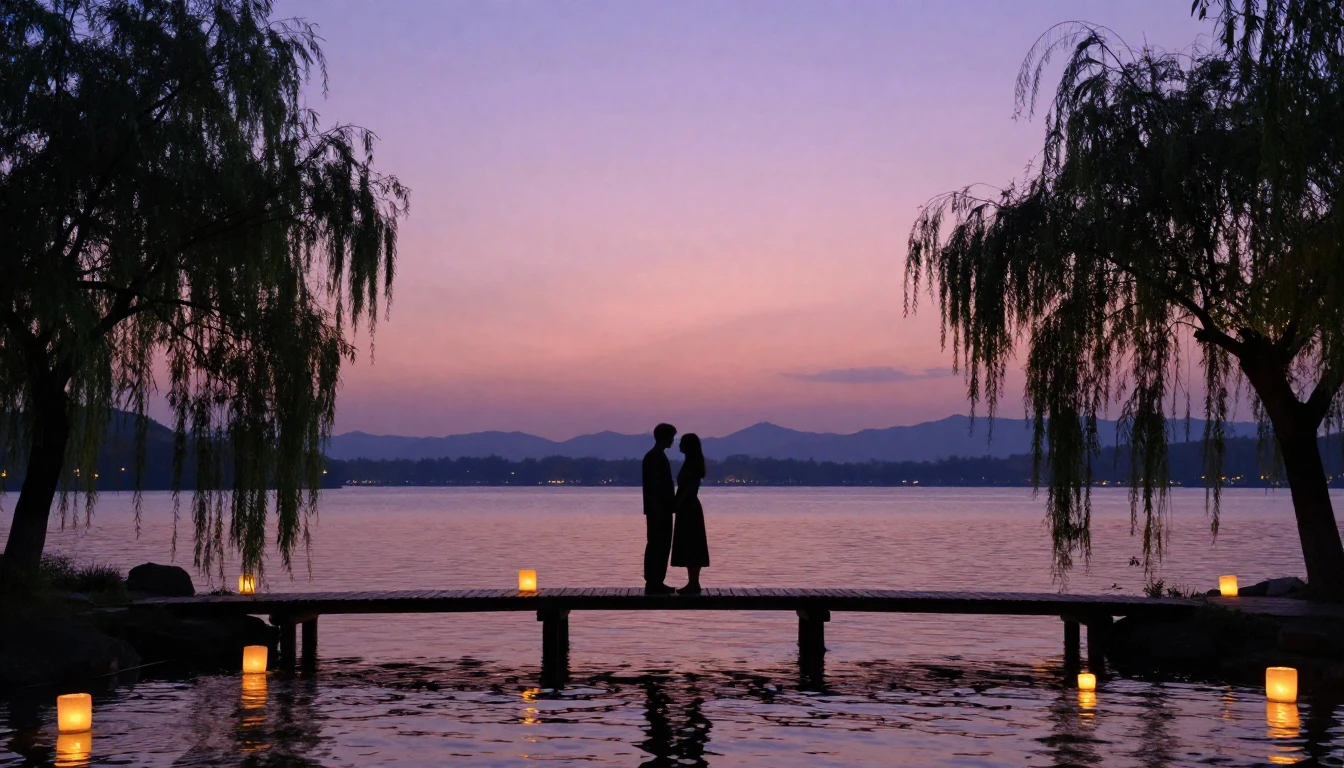 A dreamlike and romantic scene featuring two silhouettes sta...
