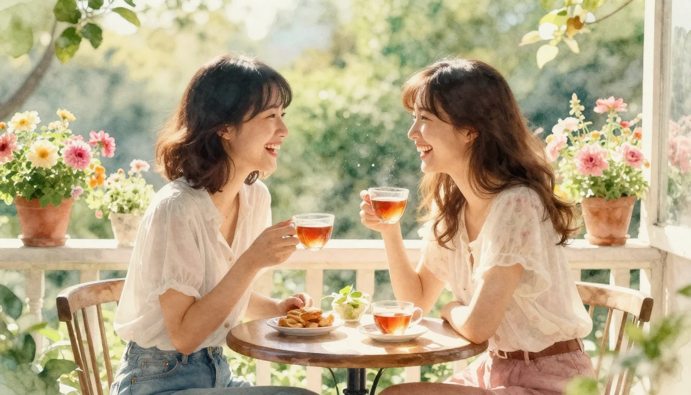 A warm and cozy scene of two female friends sitting on a sun...