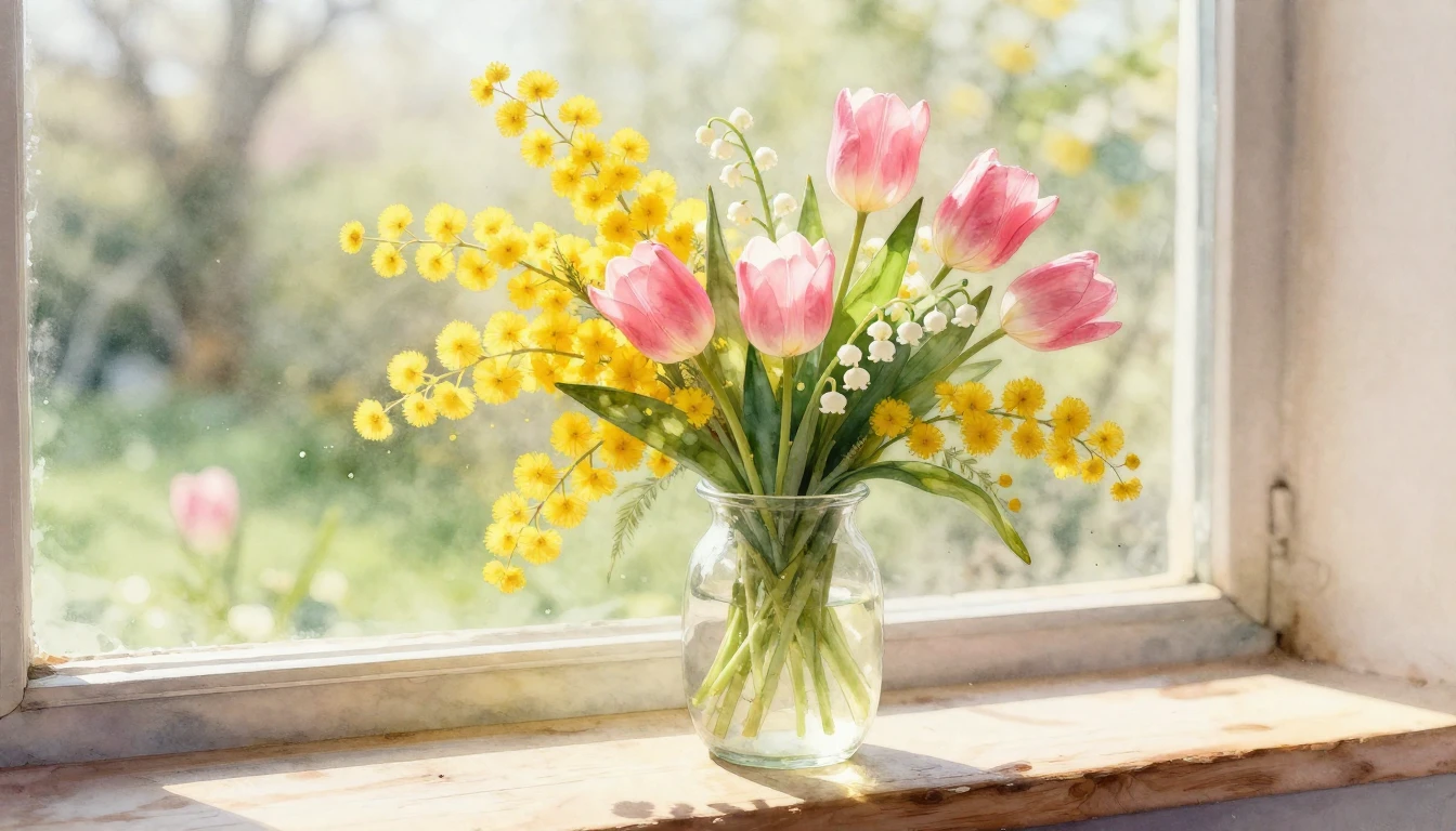 A delicate watercolor painting of a lush bouquet of spring f...