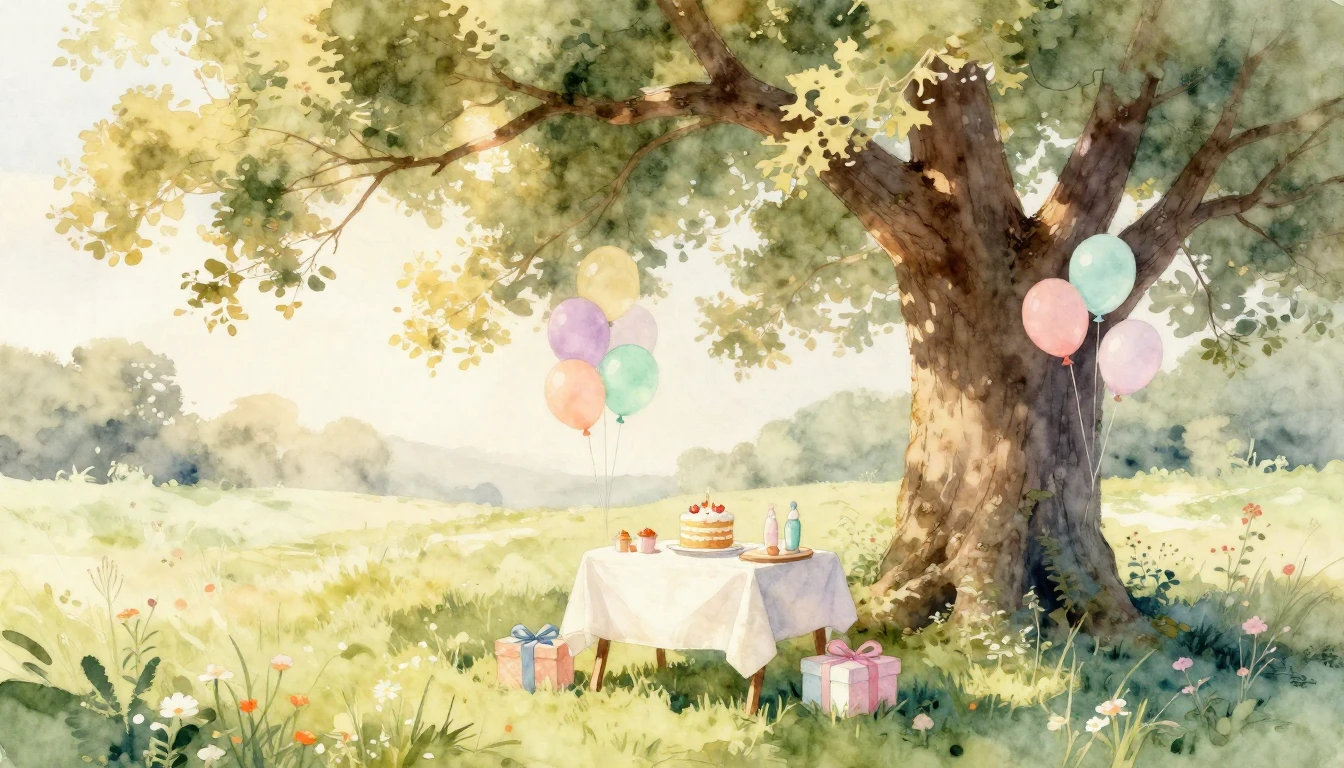 A warm and enchanting watercolor painting of a serene outdoo...