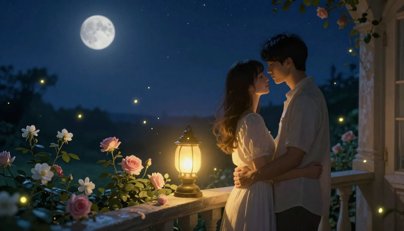 A romantic and ethereal scene of a couple standing on a balc...