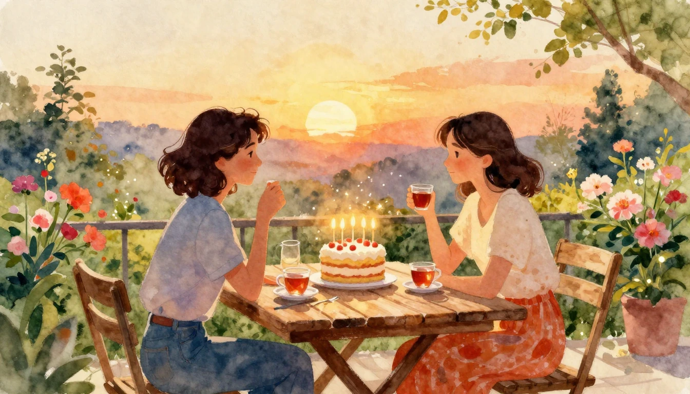A warm and vibrant watercolor painting of a cozy celebration...