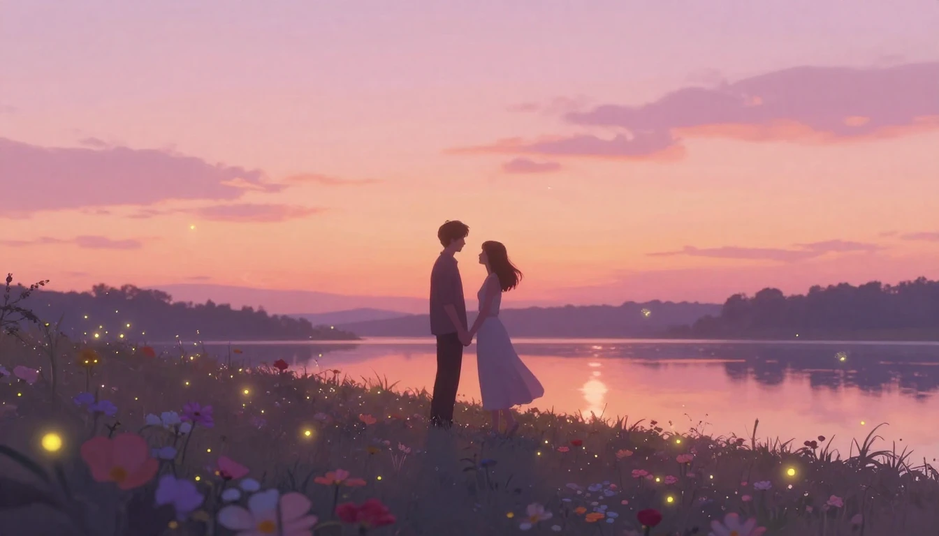 A romantic and ethereal scene of two silhouettes of a couple...