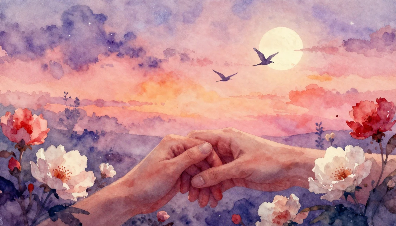 A soft and dreamy watercolor painting depicting two hands ge...