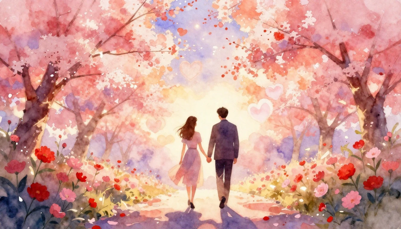 A soft and dreamy watercolor painting depicting a romantic s...