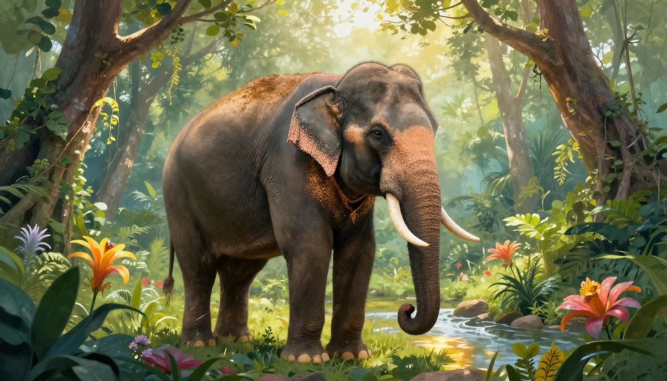 A majestic Thai elephant standing peacefully in a lush, ench...