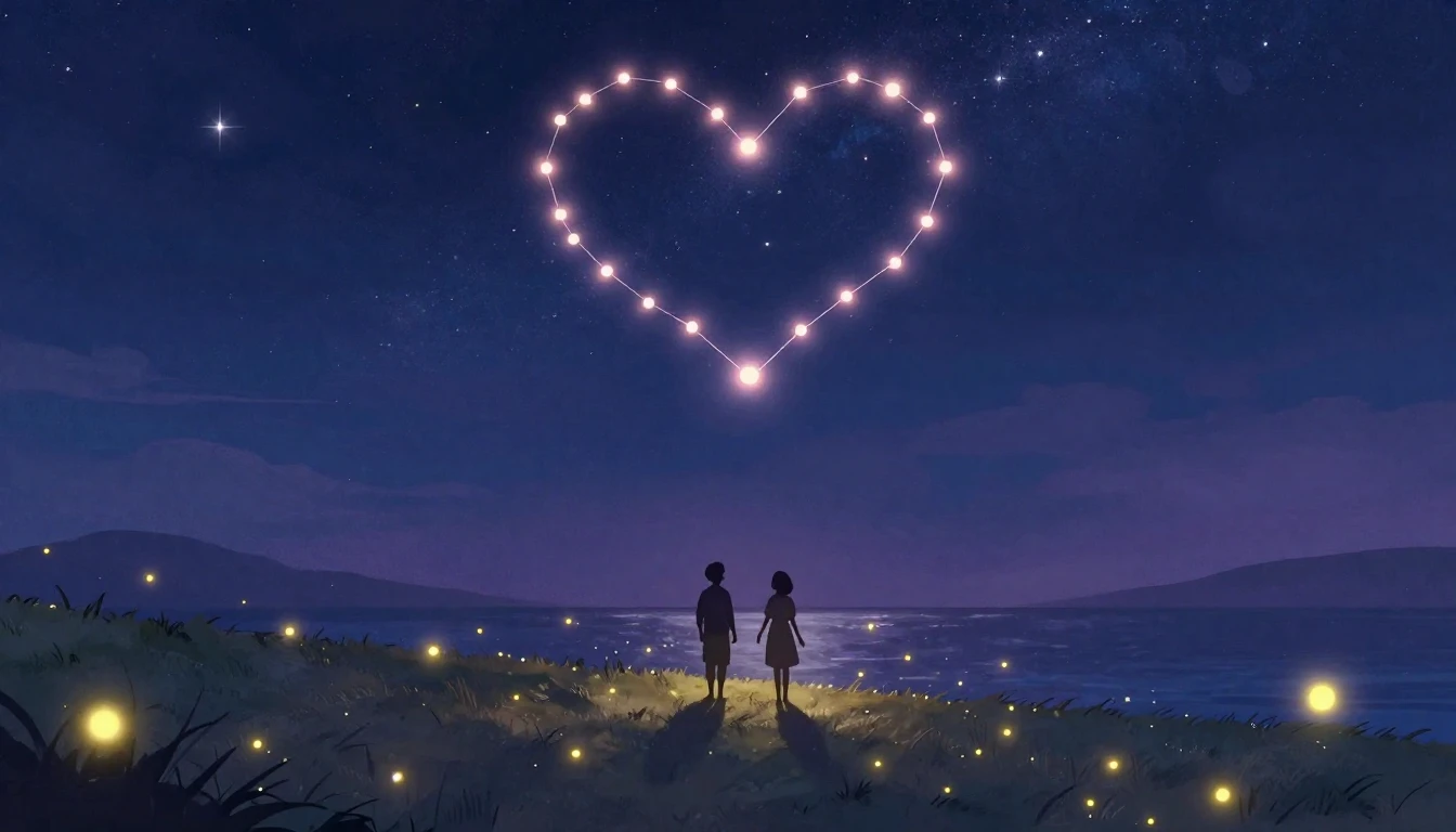 A romantic and dreamy illustration featuring two silhouette ...