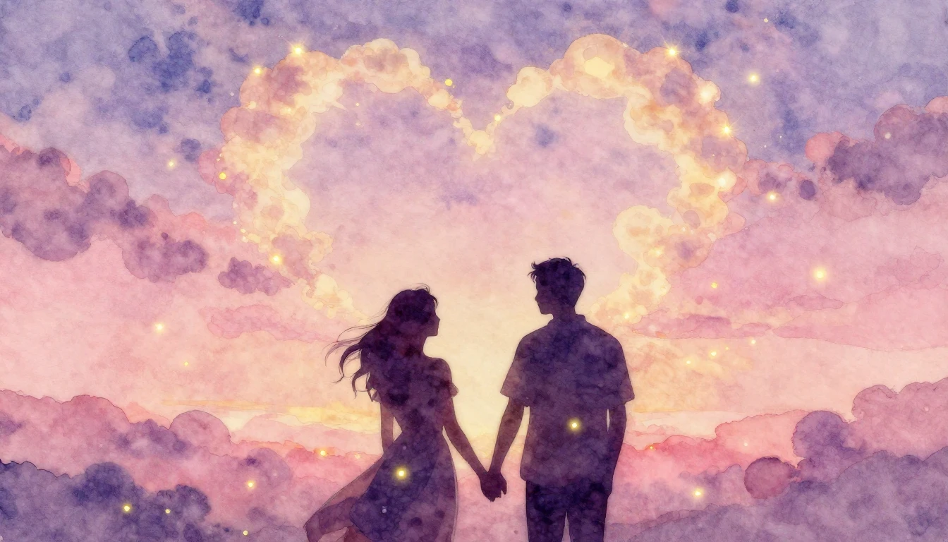 A romantic and soft watercolor painting depicting two silhou...