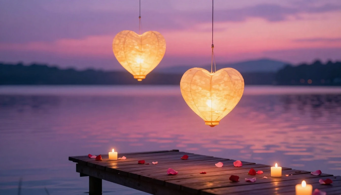 A magical and cozy romantic scene featuring two glowing hear...