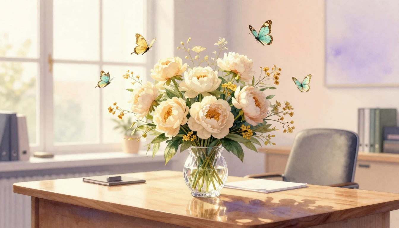 A delicate watercolor painting of a bright and airy office s...