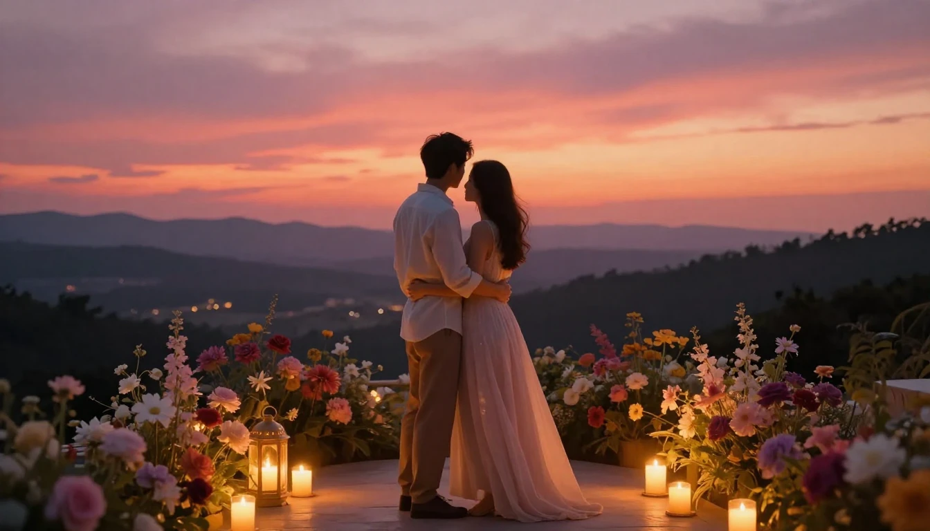 A romantic and intimate scene of a couple standing on a terr...