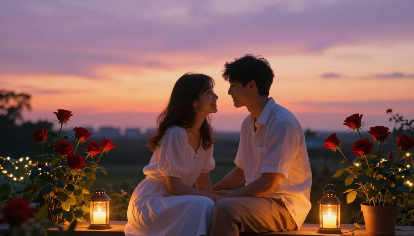 A romantic and intimate scene of a young couple sitting toge...