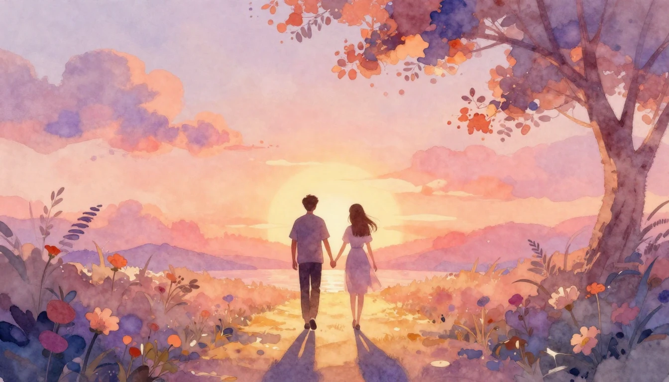 A soft, dreamy watercolor painting depicting two silhouettes...