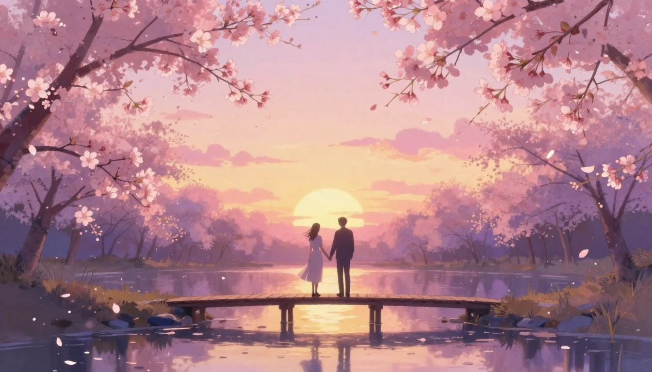 A dreamy and romantic scene of two silhouettes holding hands...