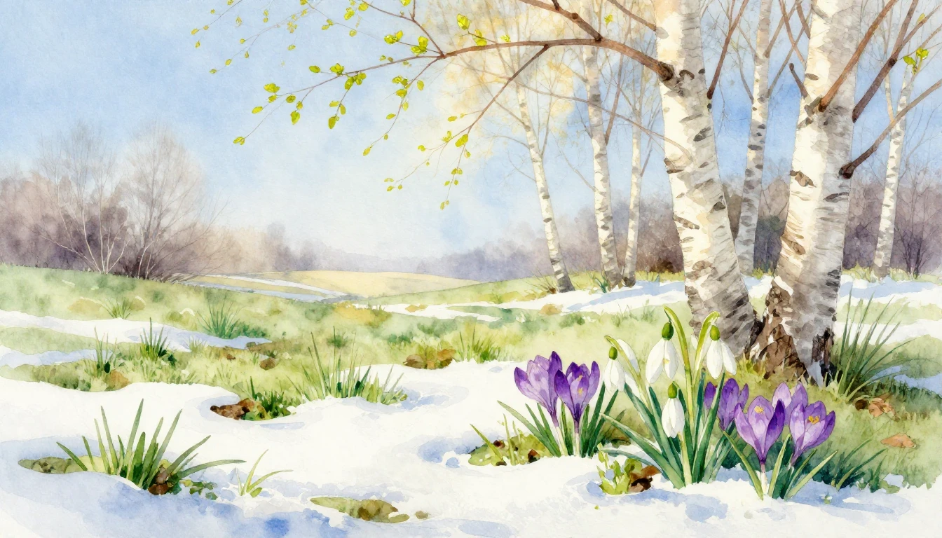 A soft and airy watercolor painting depicting a serene sprin...